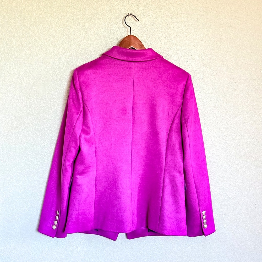Bold Magenta Preppy Career Faux Suede Double Breasted Studio Blazer WHBM Size 12 - Picture 8 of 17